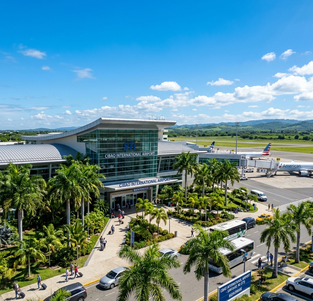 Vista panorámica diurna de la terminal del Aeropuerto Internacional del Cibao en Santiago con áreas verdes