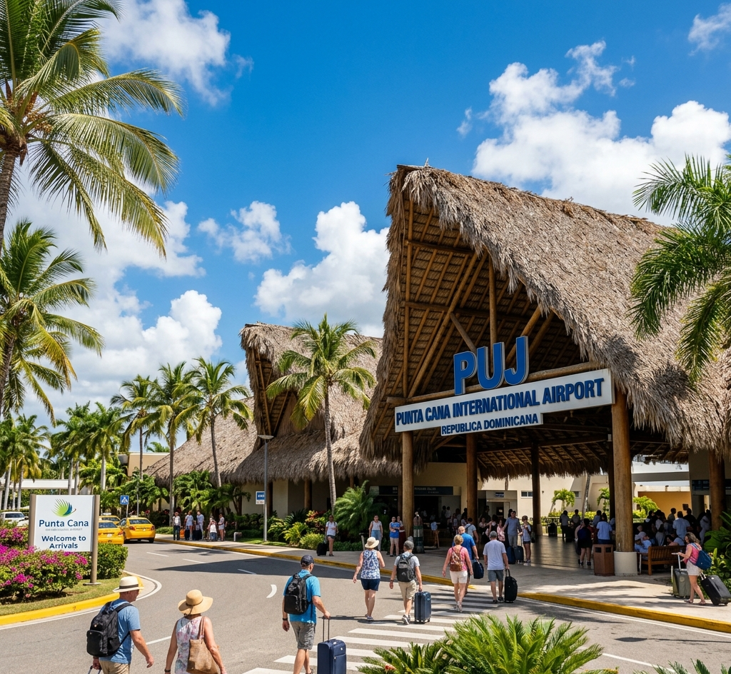 Fachada con techo de cana del Aeropuerto Internacional de Punta Cana bajo un cielo azul tropical