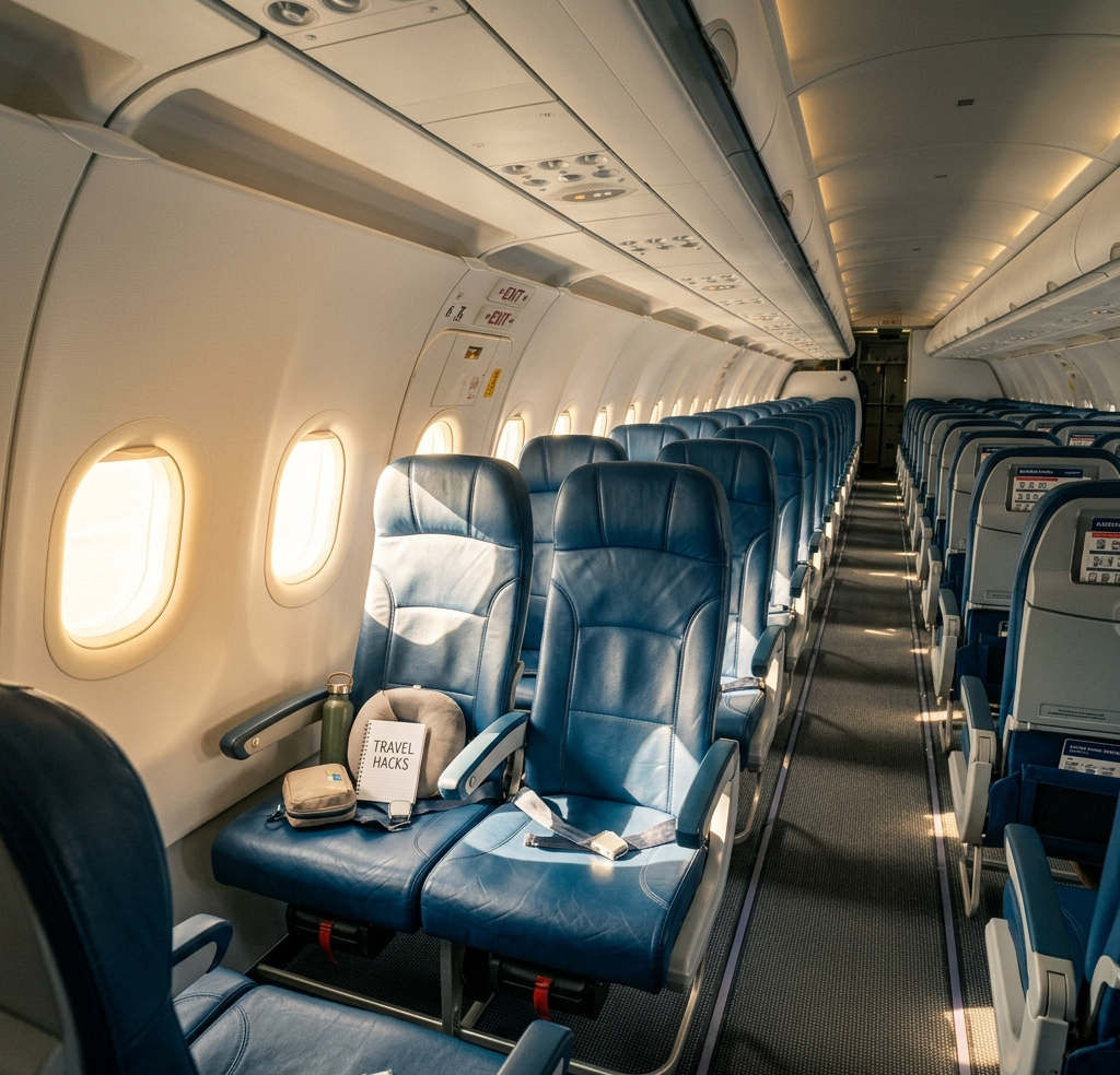Interior de una cabina de avión moderna con asientos de cuero azul, enfocada en la selección de asientos de pasillo y ventana