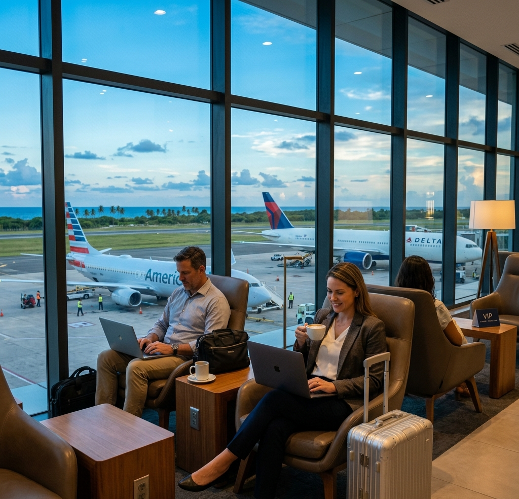 Sala VIP de aeropuerto premium con pasajeros de negocios y aviones en la pista del Caribe
