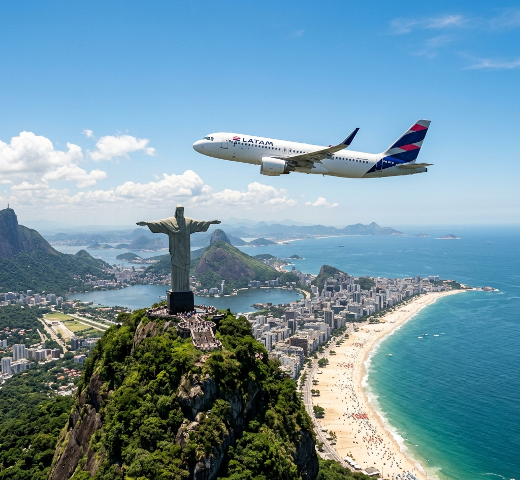 Fotografía cinemática de un avión comercial sobrevolando el emblemático Cristo Redentor y las hermosas playas de Río de Janeiro en Brasil