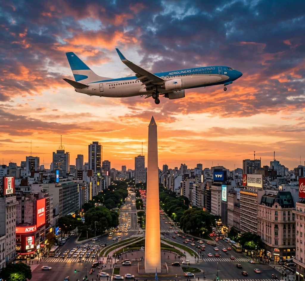 Fotografía cinemática de un avión comercial sobrevolando el icónico Obelisco de Buenos Aires, Argentina, durante el atardecer