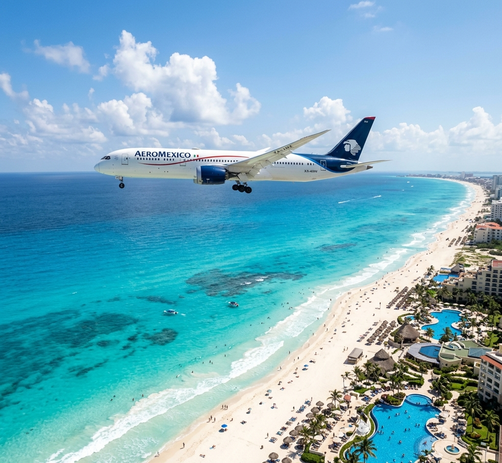 Fotografía cinemática de un avión de Aeroméxico sobrevolando las cristalinas aguas turquesas y los resorts de lujo en Cancún, México