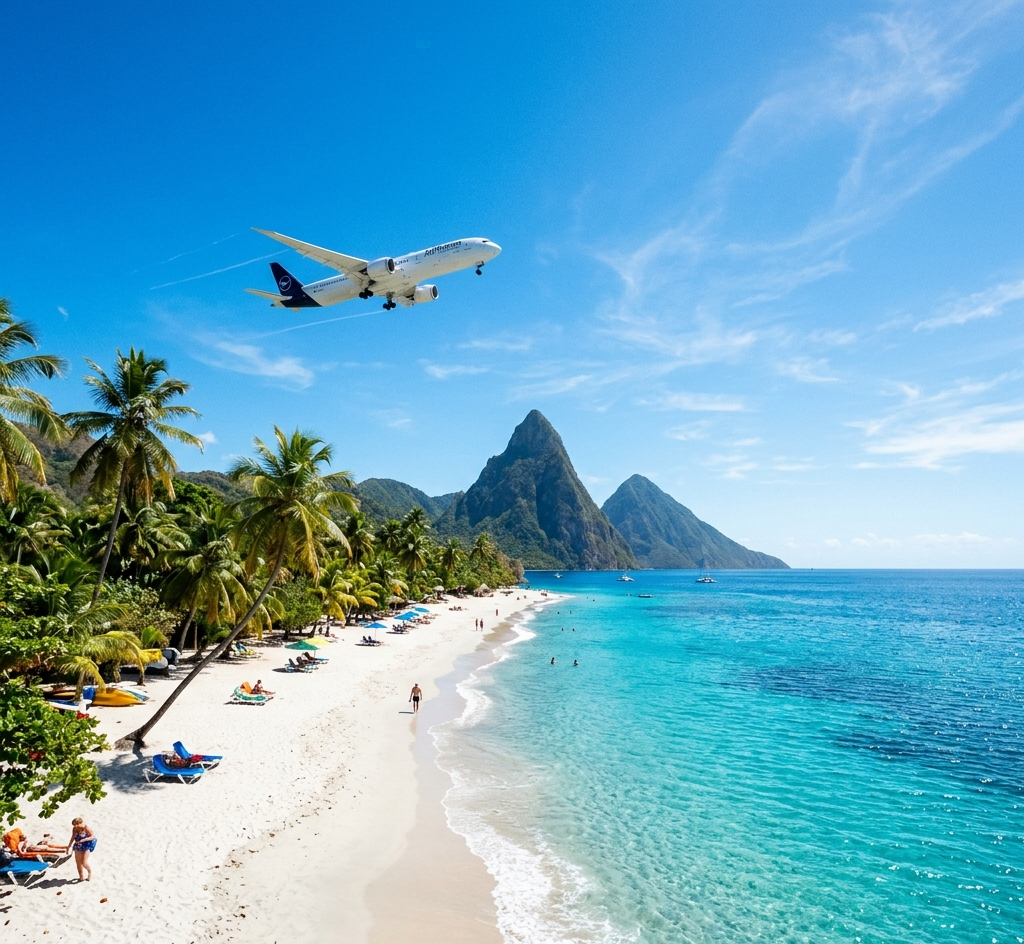 Pasaporte dominicano y avión sobrevolando el Caribe, países sin visa
