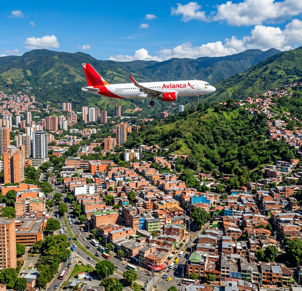 Fotografía cinemática de un avión comercial sobrevolando el Peñol y las calles coloridas de Guatapé cerca de Medellín, Colombia