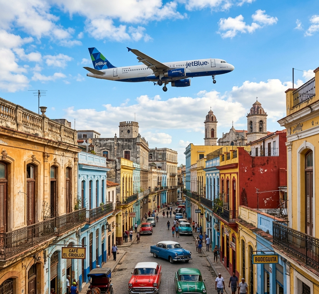 Fotografía cinemática de un avión comercial de JetBlue sobrevolando los autos clásicos y la colorida arquitectura colonial de La Habana Vieja en Cuba