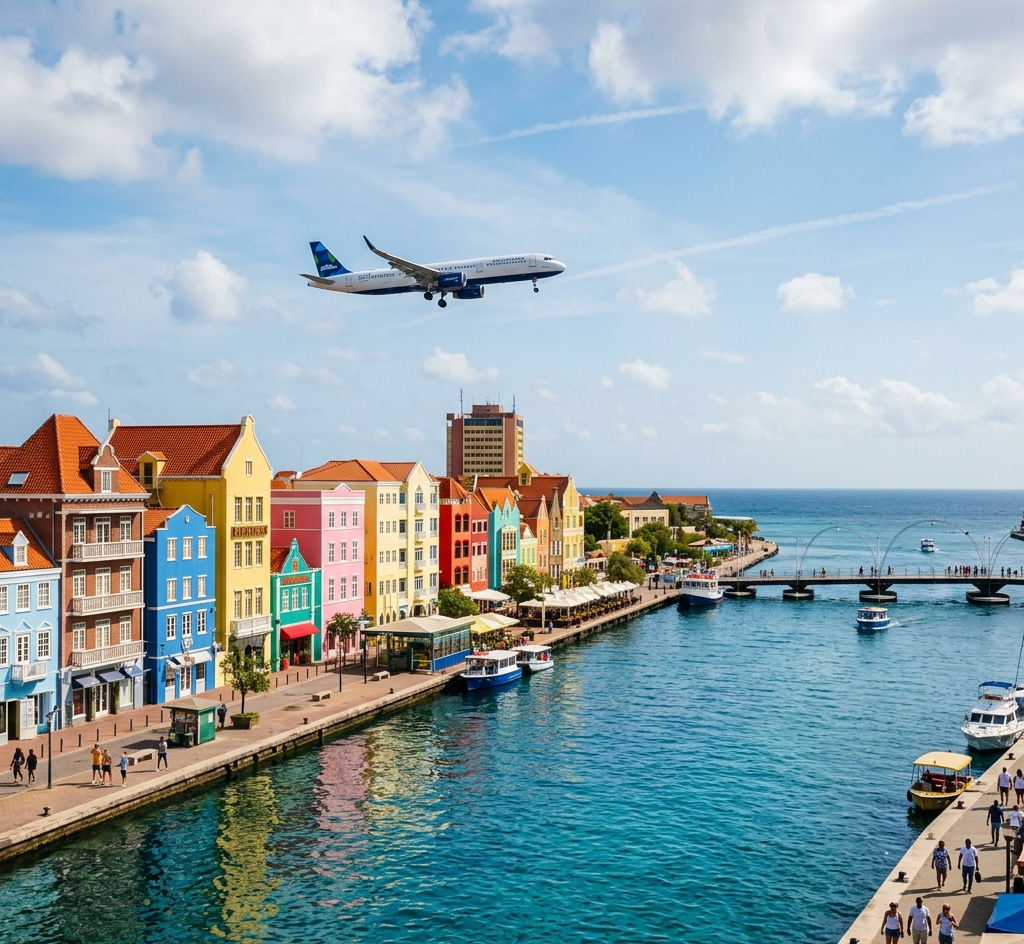 Fotografía colorida y cinemática de la arquitectura colonial holandesa frente a las aguas turquesas del centro de Willemstad en Curazao