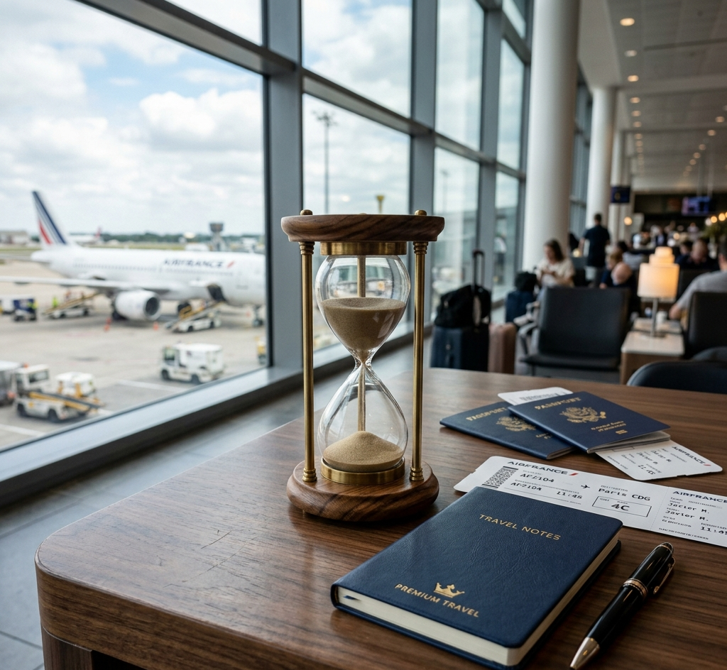 Reloj de arena y pasaportes en un escritorio de aeropuerto, simbolizando tiempo y derechos del viajero