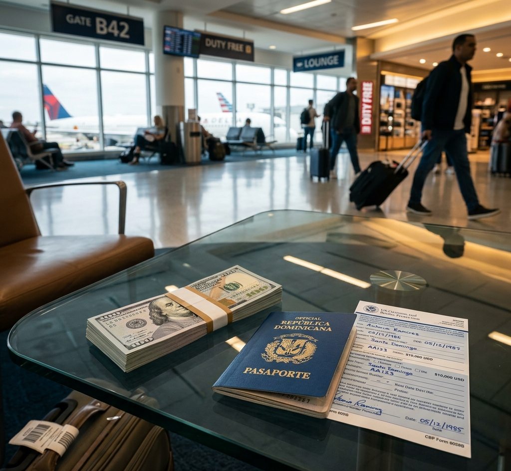 Billetes de dólares estadounidenses, formulario de declaración de aduanas y pasaporte dominicano