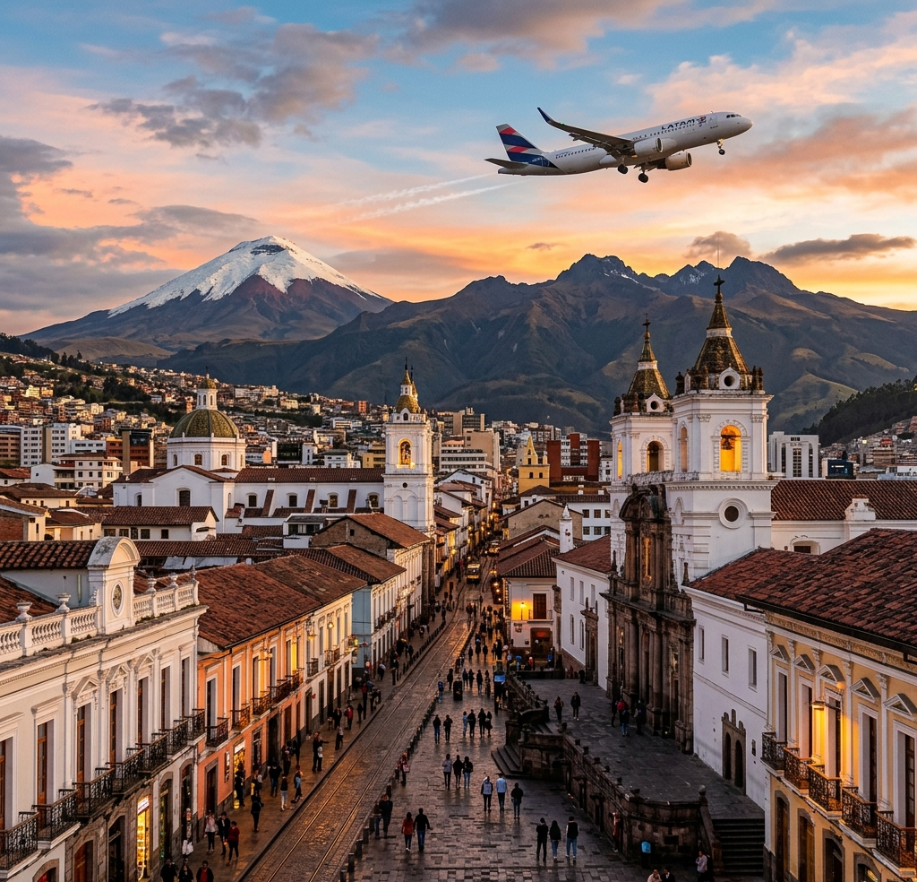 Fotografía cinemática de la imponente arquitectura colonial de Quito en Ecuador con los Andes al fondo y un avión cruzando al atardecer