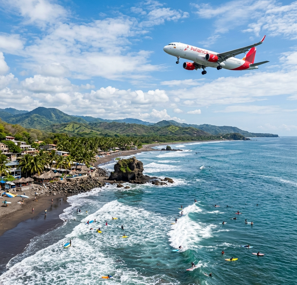 Fotografía cinemática de un avión sobrevolando las hermosas playas de Surf City y El Tunco en El Salvador