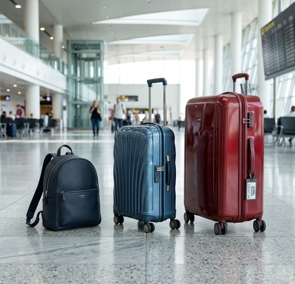 Pasajero midiendo su maleta de mano en el medidor de equipaje del aeropuerto