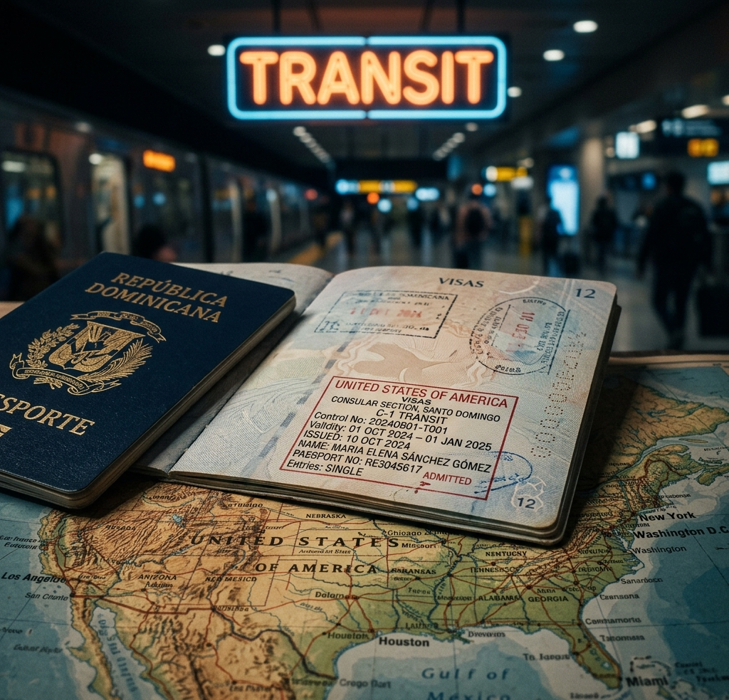 Sello rojo de Visa de Tránsito C-1 de Estados Unidos dentro del pasaporte dominicano, apoyado sobre un mapa
