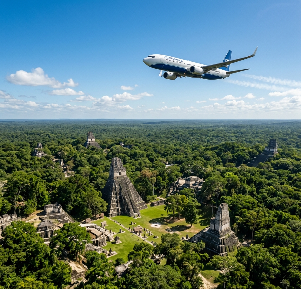 Fotografía cinemática de un avión sobrevolando las majestuosas ruinas mayas de Tikal en medio de la selva guatemalteca