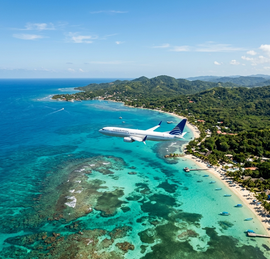 Fotografía cinemática de un avión comercial de Copa Airlines volando sobre las hermosas playas tropicales y los arrecifes de coral en Roatán, Honduras