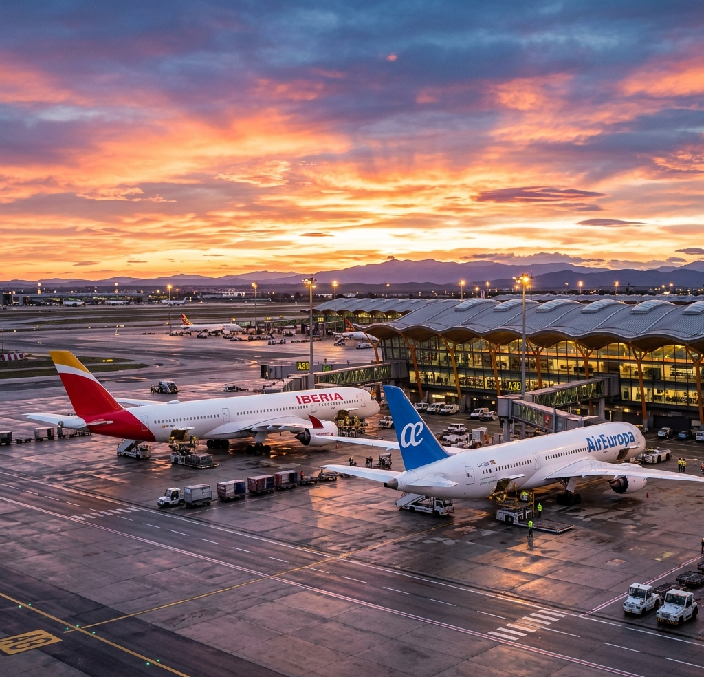 Dos aviones modernos de Iberia y Air Europa estacionados en la pista del aeropuerto de Madrid
