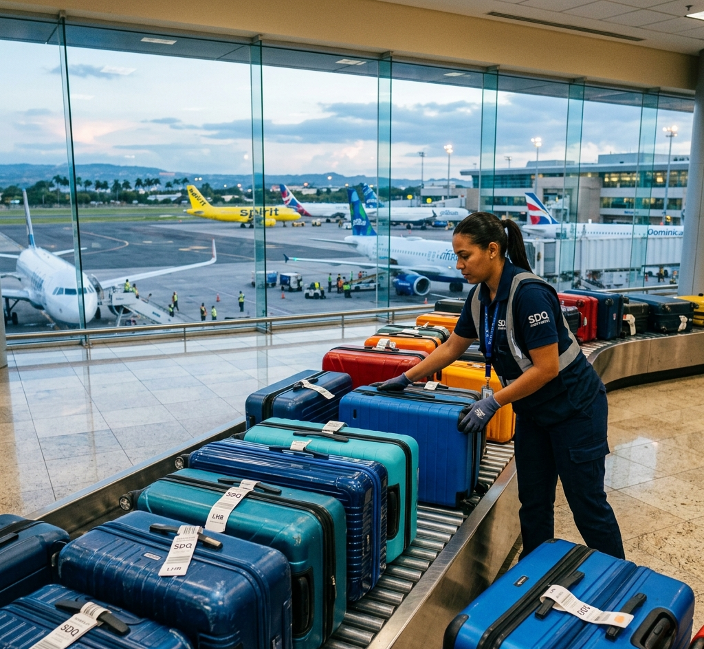 Maletas coloridas organizadas en el aeropuerto con aviones comerciales de JetBlue al fondo