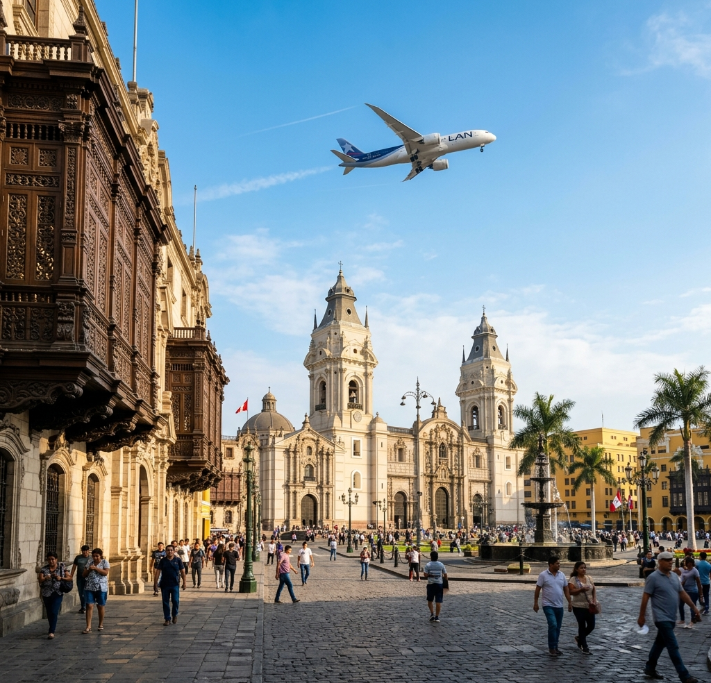 Fotografía cinemática de la histórica Plaza Mayor de Lima en Perú con un avión comercial cruzando el cielo despejado, simbolizando vuelos desde República Dominicana