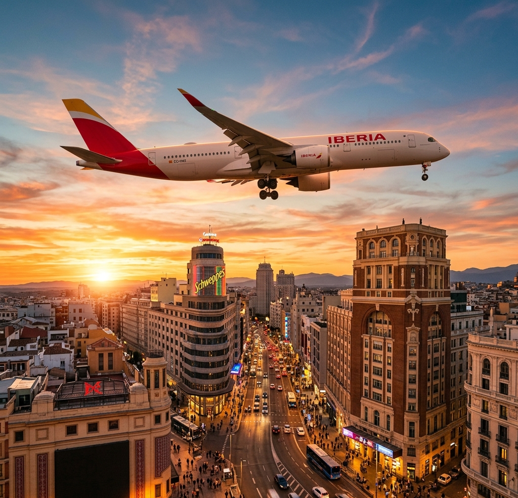 Fotografía de alta calidad de un avión sobrevolando la Gran Vía y los edificios icónicos de Madrid al atardecer