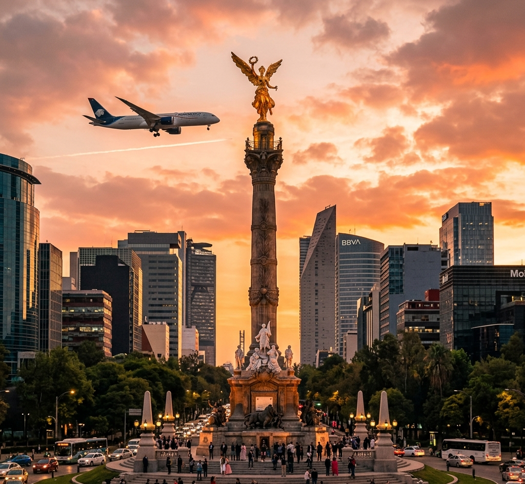 Fotografía cinemática del majestuoso Ángel de la Independencia en Ciudad de México iluminado al atardecer, con un avión cruzando el cielo