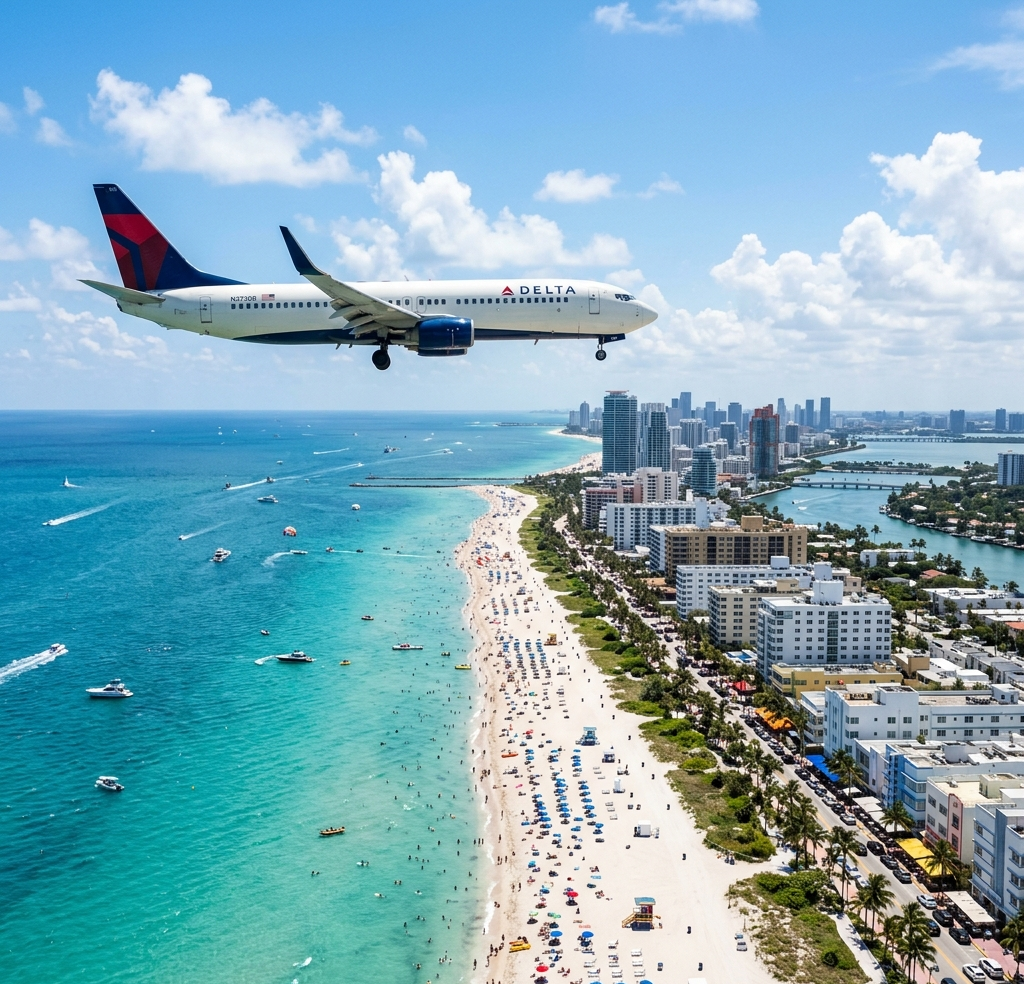 Fotografía cinemática de un avión comercial sobrevolando la vibrante costa turquesa de South Beach en Miami, representando vuelos hacia la Florida