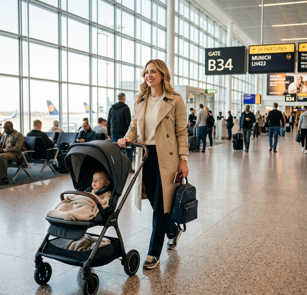 Madre moderna sonriente empujando un cochecito de bebé elegante en un aeropuerto