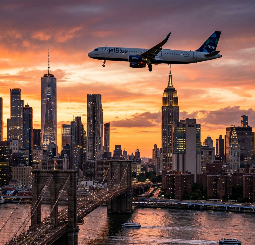 Fotografía cinemática de un avión de JetBlue sobrevolando el puente de Brooklyn y el skyline de Nueva York al atardecer