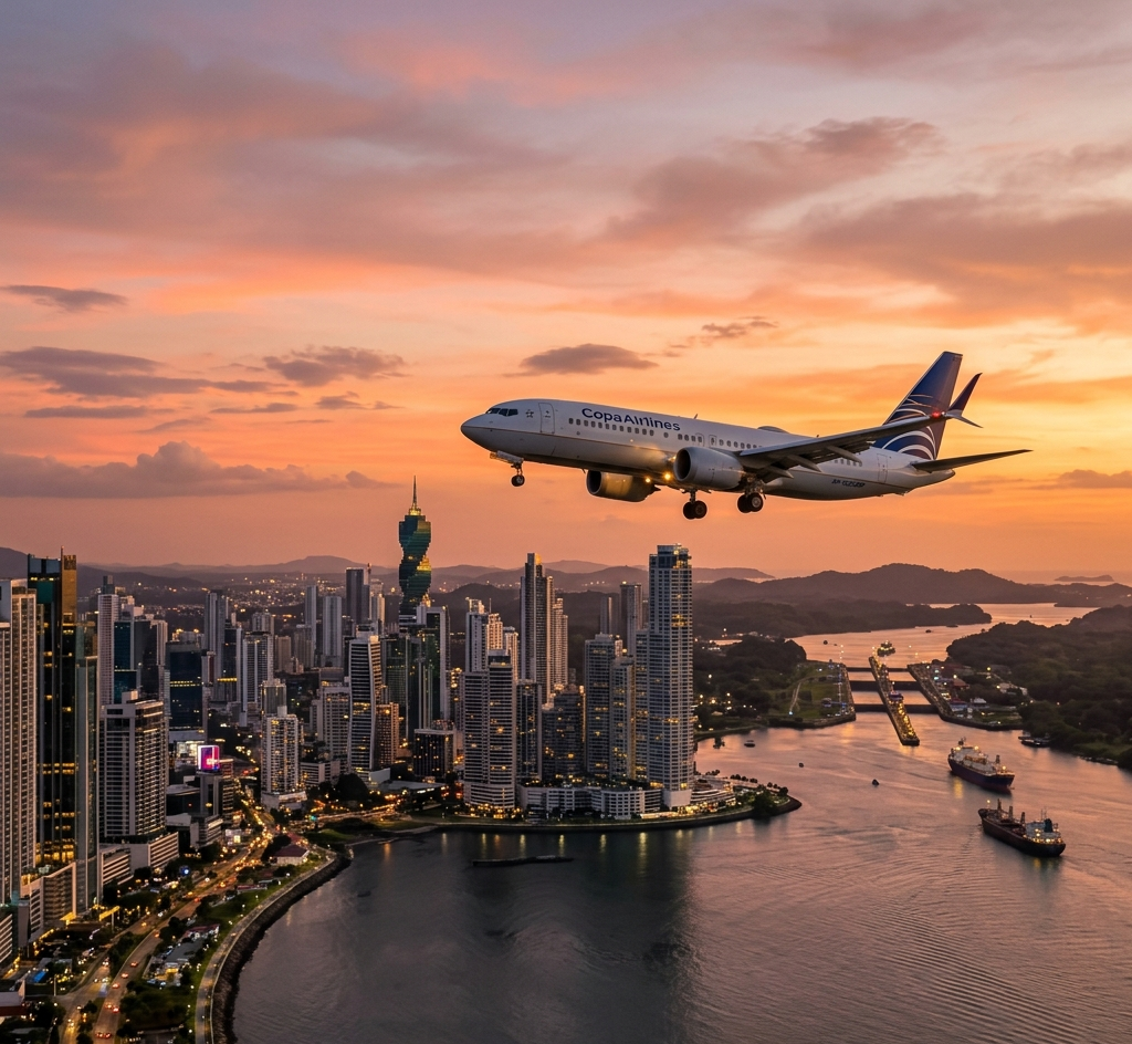 Fotografía cinemática de un avión de Copa Airlines sobrevolando el Canal de Panamá y el moderno skyline de la Ciudad de Panamá al atardecer