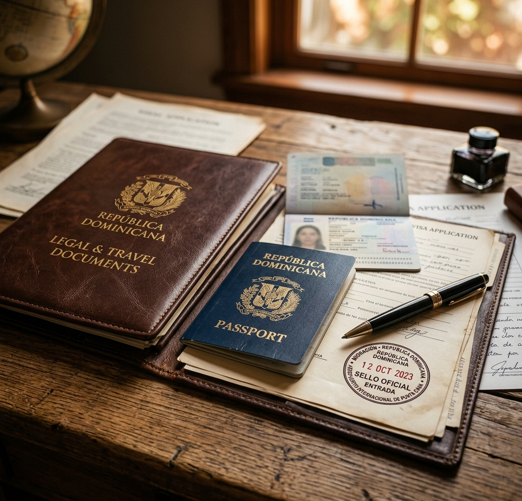 Pasaporte de República Dominicana junto a un documento legal sellado sobre un escritorio de madera
