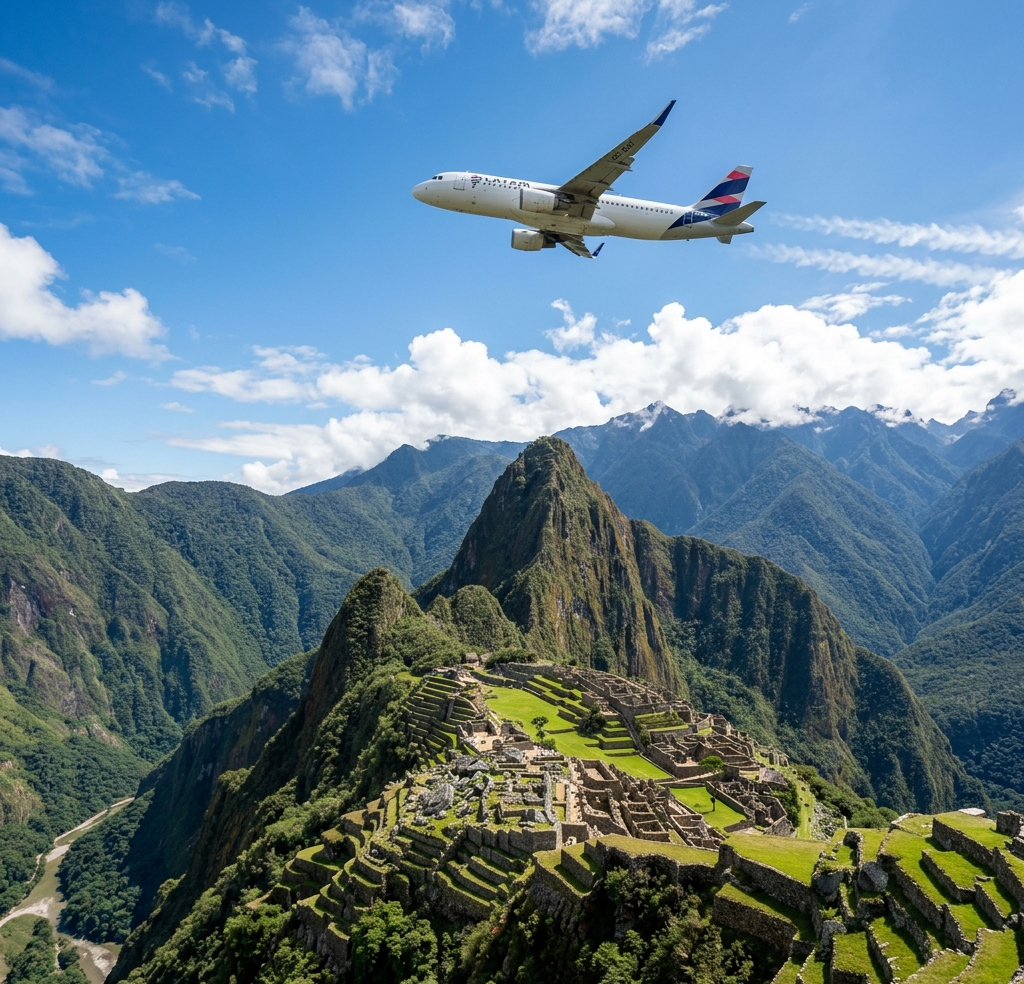 Fotografía cinemática de un avión sobrevolando las majestuosas ruinas de Machu Picchu y la cordillera de los Andes en Perú