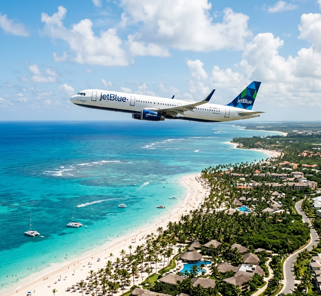 Fotografía cinemática de un avión comercial sobrevolando las hermosas playas de arena blanca, palmeras y aguas turquesas de Punta Cana en República Dominicana