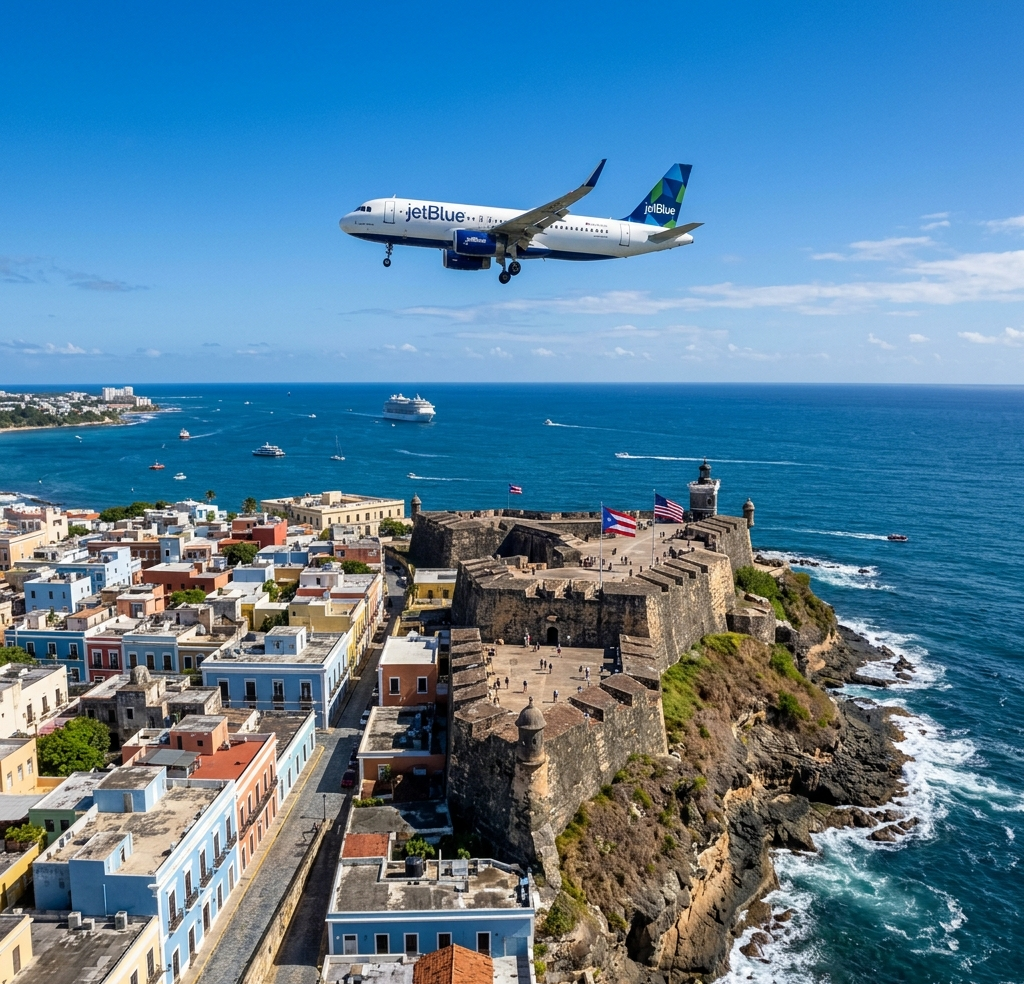 Fotografía cinemática de un avión de JetBlue sobrevolando el Castillo San Felipe del Morro en el Viejo San Juan, Puerto Rico
