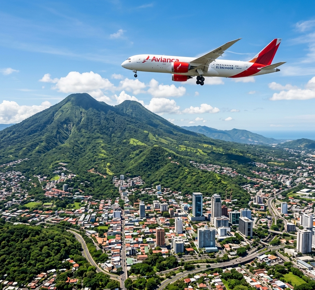 Fotografía cinemática de un avión comercial sobrevolando los espectaculares volcanes verdes y la ciudad moderna de San Salvador, El Salvador