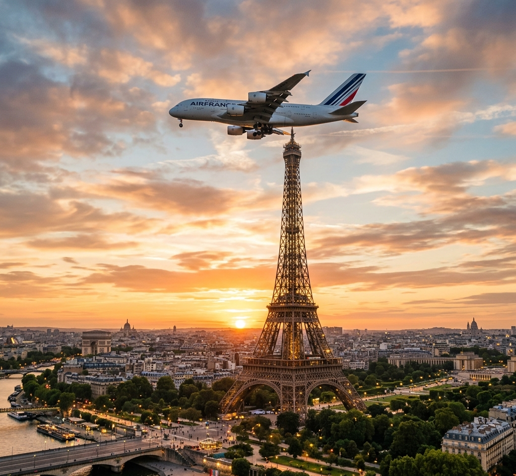 Fotografía de alta calidad de un avión comercial sobrevolando la majestuosa Torre Eiffel de París al atardecer, representando vuelos hacia el espacio Schengen en Europa