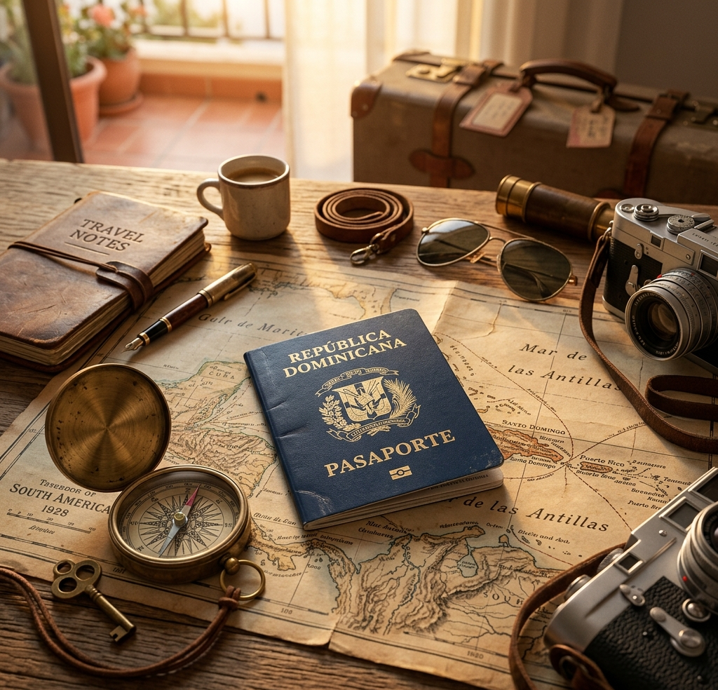 Fotografía cinemática de un pasaporte de República Dominicana reposando sobre un mapa vintage con una brújula clásica