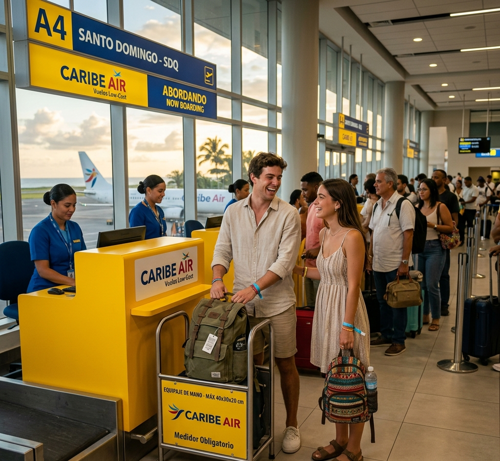 Pasajeros midiendo mochilas pequeñas en el aeropuerto para abordar Spirit y Frontier
