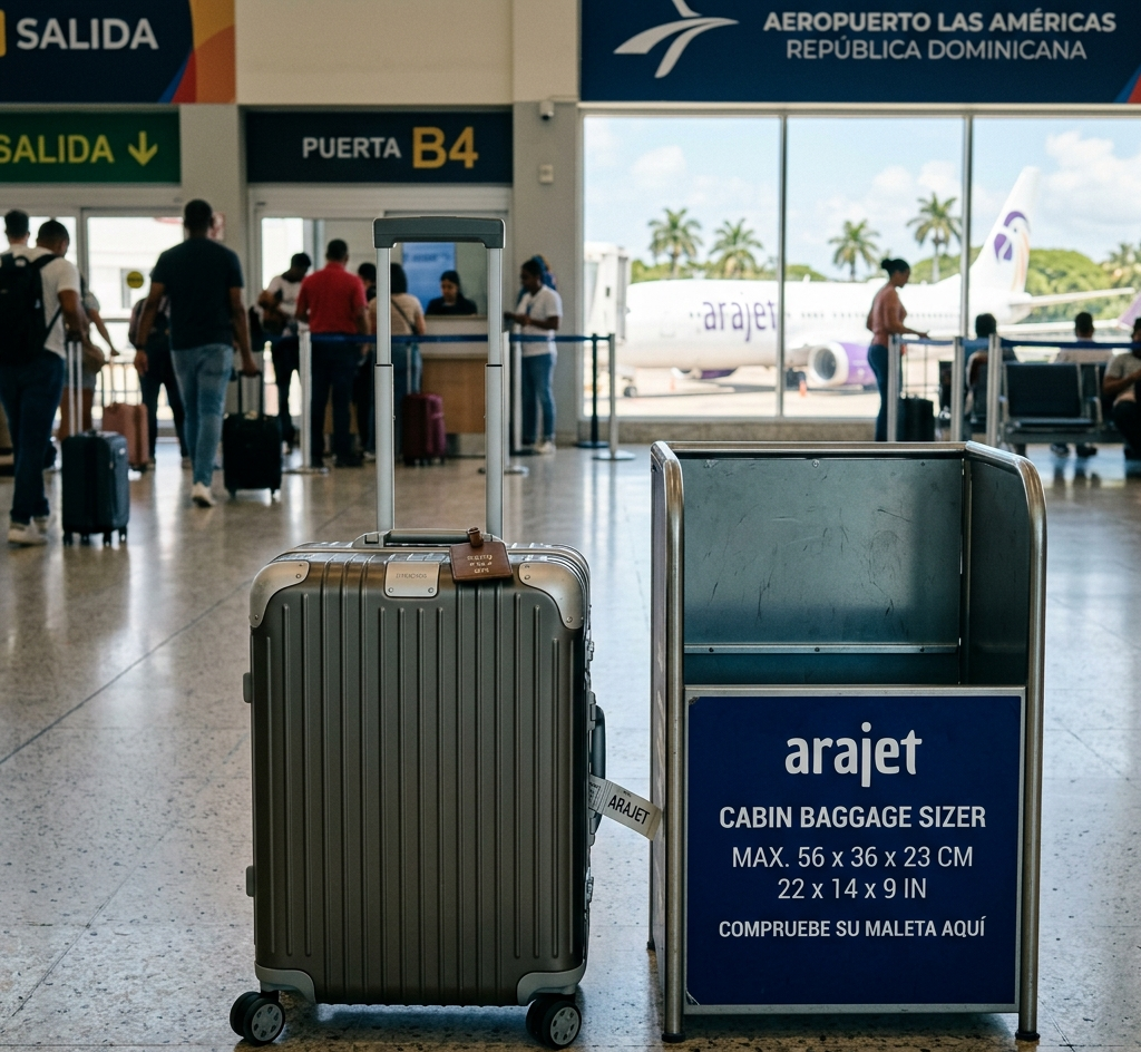 Maleta de mano tipo carry-on junto a una caja medidora de aeropuerto en Santo Domingo