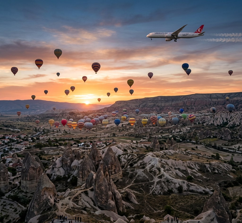Fotografía de cientos de globos aerostáticos sobre Capadocia en Turquía al amanecer, con un avión cruzando el cielo