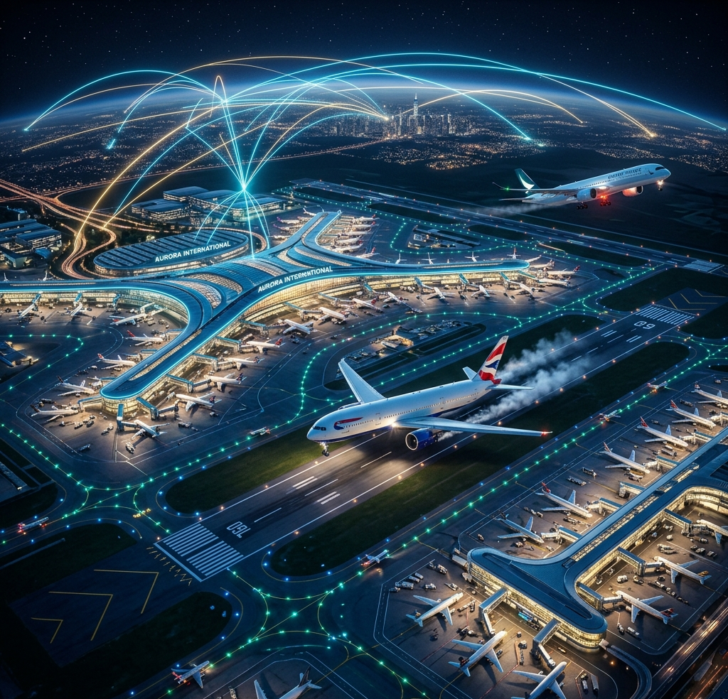 Aeropuerto internacional masivo con luces de neón y aviones conectando destinos globales